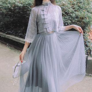 Camisole / Lace Trim 3/4-sleeve Hanfu Blouse / Mesh High-waist Midi A-line Skirt / Set
