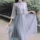 Camisole / Lace Trim 3/4-sleeve Hanfu Blouse / Mesh High-waist Midi A-line Skirt / Set