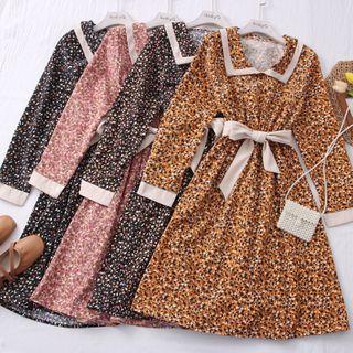 Contrasted Floral Corduroy Midi Dress With Sash