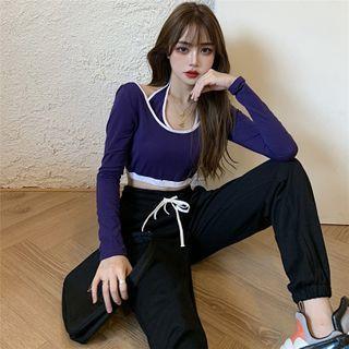 Color-block Long-sleeve Crop Top / Jogger Pants