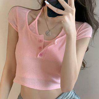 Cap-sleeve Halter Mock Two-piece Top