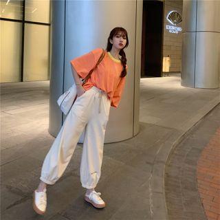 Set : Striped Short-sleeved Top + High Waist Wide Leg Pants