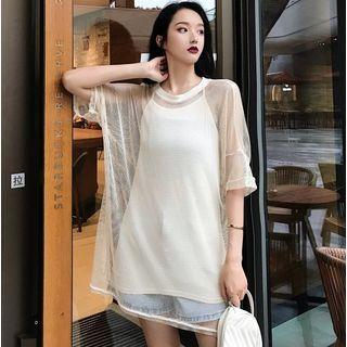Set: Elbow-sleeve Sheer Panel Top + Slipdress
