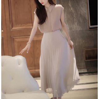 Set: Cap Sleeve Plain Shirt + Pleated Midi A-line Skirt