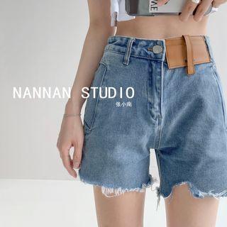 Patchwork Irregular Straight-cut Denim Shorts