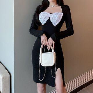 Long-sleeve Bow Front Sheath Dress