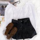 Long-sleeve Square-neck Cropped Top White - One Size