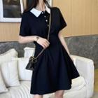 Polo-neck Short-sleeve Mini A-line Dress