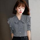 Short-sleeve Bow Ruffle Trim Plaid Chiffon Blouse