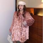 Bow-accent Velvet Long-sleeve Loose-fit Blouse
