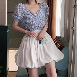 Set: Short-sleeve Plaid Top + Mini A-line Skirt
