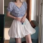 Set: Short-sleeve Plaid Top + Mini A-line Skirt