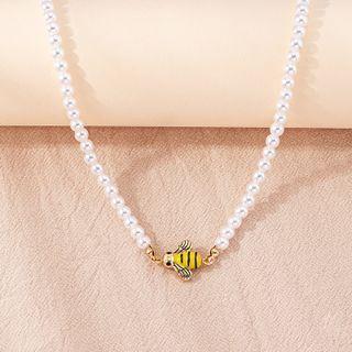 Bee Faux Pearl Necklace X1163 - White & Yellow - One Size