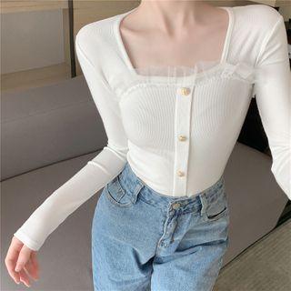 Mesh Trim Button-up Knit Top
