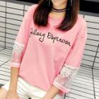 3/4-sleeve Lace Panel T-shirt Pink - One Size