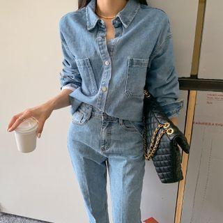 Dual-pocket Denim Shirt Jacket Blue - One Size