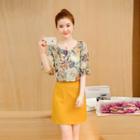 Set: Elbow-sleeve Chiffon Top + A-line Skirt