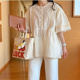 Round Neck Cutout Over-sized Flare Short Sleeve Shirt Almond - One Size