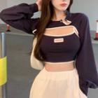 Set : Cropped Suspender + Long-sleeve Cutout Cover-up Navy Blue - One Size