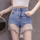 Rhinestone Fringe Trim Denim Hot Pants