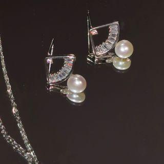Fan Rhinestone Pendant Sterling Silver Necklace / Fan Rhinestone Faux Pearl Sterling Silver Earring