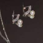 Fan Rhinestone Pendant Sterling Silver Necklace / Fan Rhinestone Faux Pearl Sterling Silver Earring