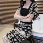 Set: Patterned Short-sleeve Top + Midi Skirt