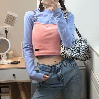 Long-sleeve Mock Neck Plain Cropped Top / Chain Strap Camisole