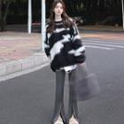 Zebra Print Fluffy Sweater / Slit Flared Pants