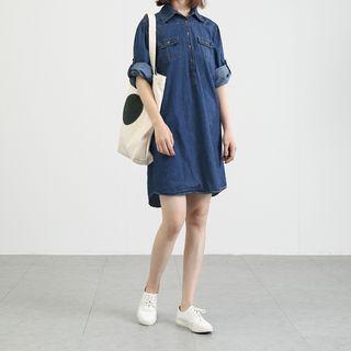 Elbow-sleeve Denim Mini Dress