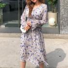 Smocked-waist Floral Print Chiffon Dress Blue - One Size