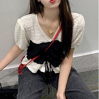 Mock Two-piece Short-sleeve Drawstring Top