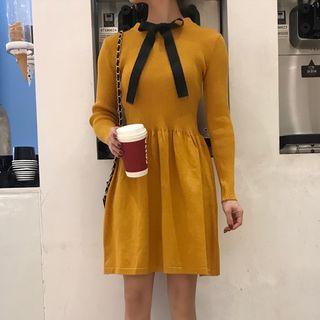 Long-sleeve Bow A-line Knit Dress