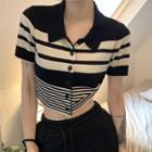Short-sleeve Collar Striped Knit Crop Top Striped - Black & White - One Size