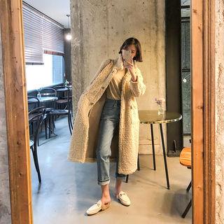 Collared Sherpa Fleece Long Coat Beige - One Size