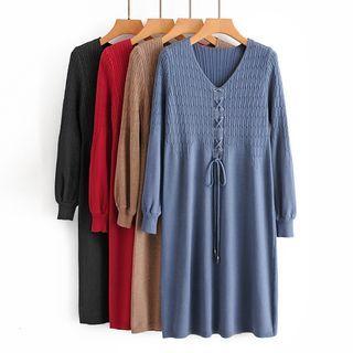 Lace-up Lantern-sleeve A-line Sweater Dress