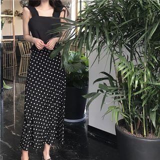 Sleeveless Frill Trim Top / Polka Dot A-line Midi Skirt