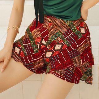 Ruffle-trim Print Wide-leg Shorts