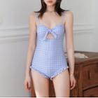 Tie-front Gingham Cutout Swimsuit