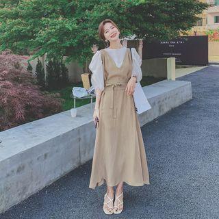 Set : Puff-sleeve Top + Spaghetti-strap Dress