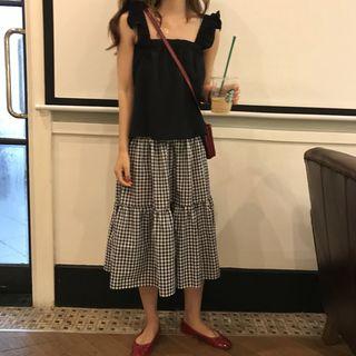 Plain Frill Trim Tank Top / Plaid Tiered Midi Skirt