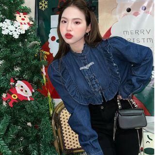 Long-sleeve Ruffle Denim Shirt Blue - One Size