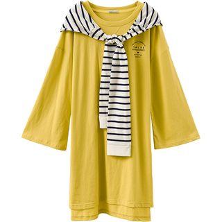 Set: Printed Long-sleeve T-shirt Dress + Striped Shawl