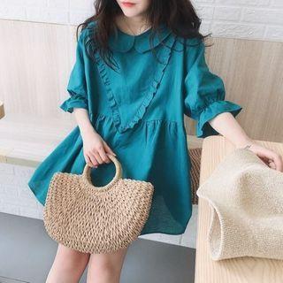 Balloon-sleeve Ruffle Trim A-line Dress