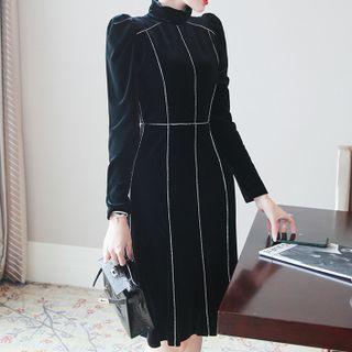 Puff-sleeve Mock-neck Contrast Trim Velvet Midi A-line Dress