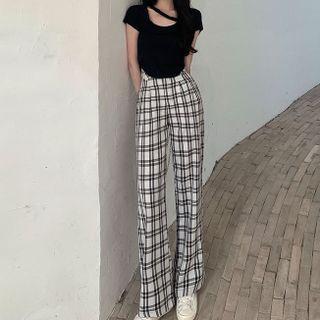 Short-sleeve Cutout T-shirt / Plaid Wide Leg Pants