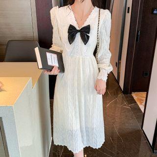 Long-sleeve V-neck Ribbon Lace Midi A-line Dress