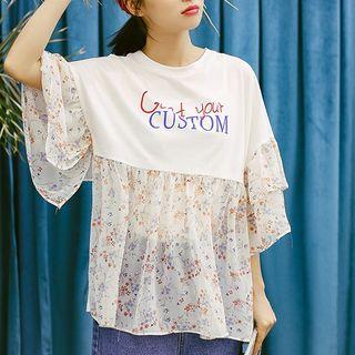 3/4-sleeve Floral Print Panel Top