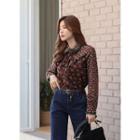 Tie-neck Frill-trim Floral Blouse Brown - One Size