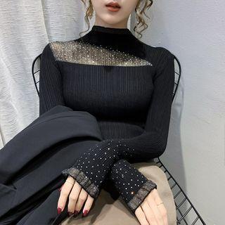 Long-sleeve Glitter Mesh Panel Mock-neck Knit Top